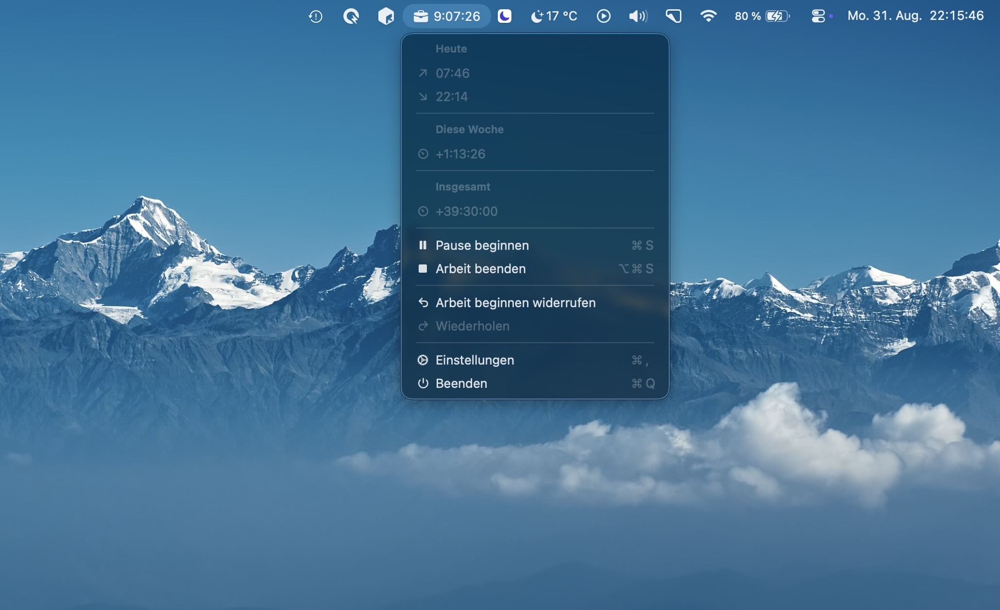 Mind the Hour in der Menüleiste auf dem Mac