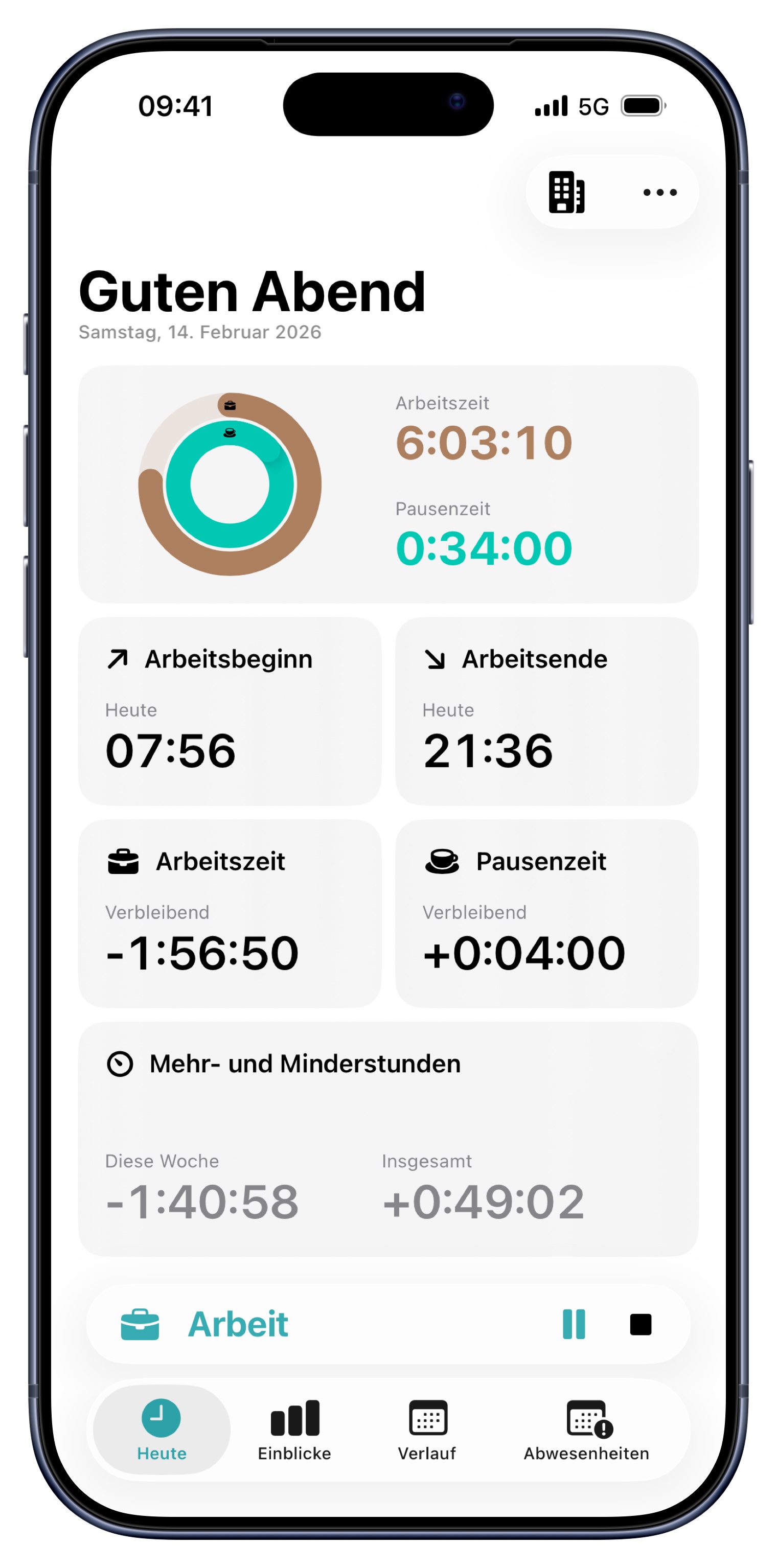 Ein Screenshot von Mind the Hour mit der Ansicht zur Erfassung der Arbeits- und Pausenzeiten