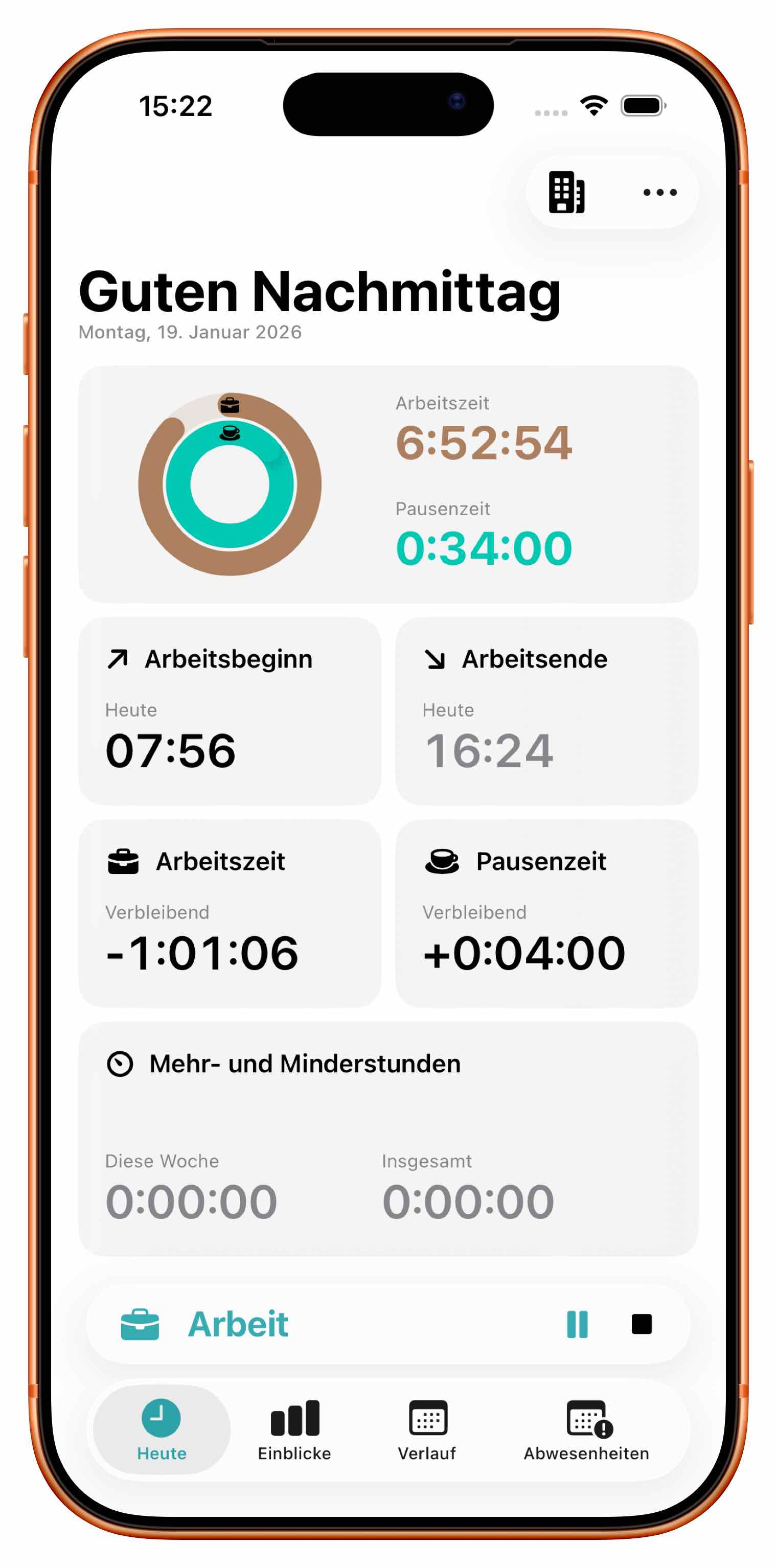 Ein Screenshot von Mind the Hour mit der Ansicht zur Erfassung der Arbeits- und Pausenzeiten