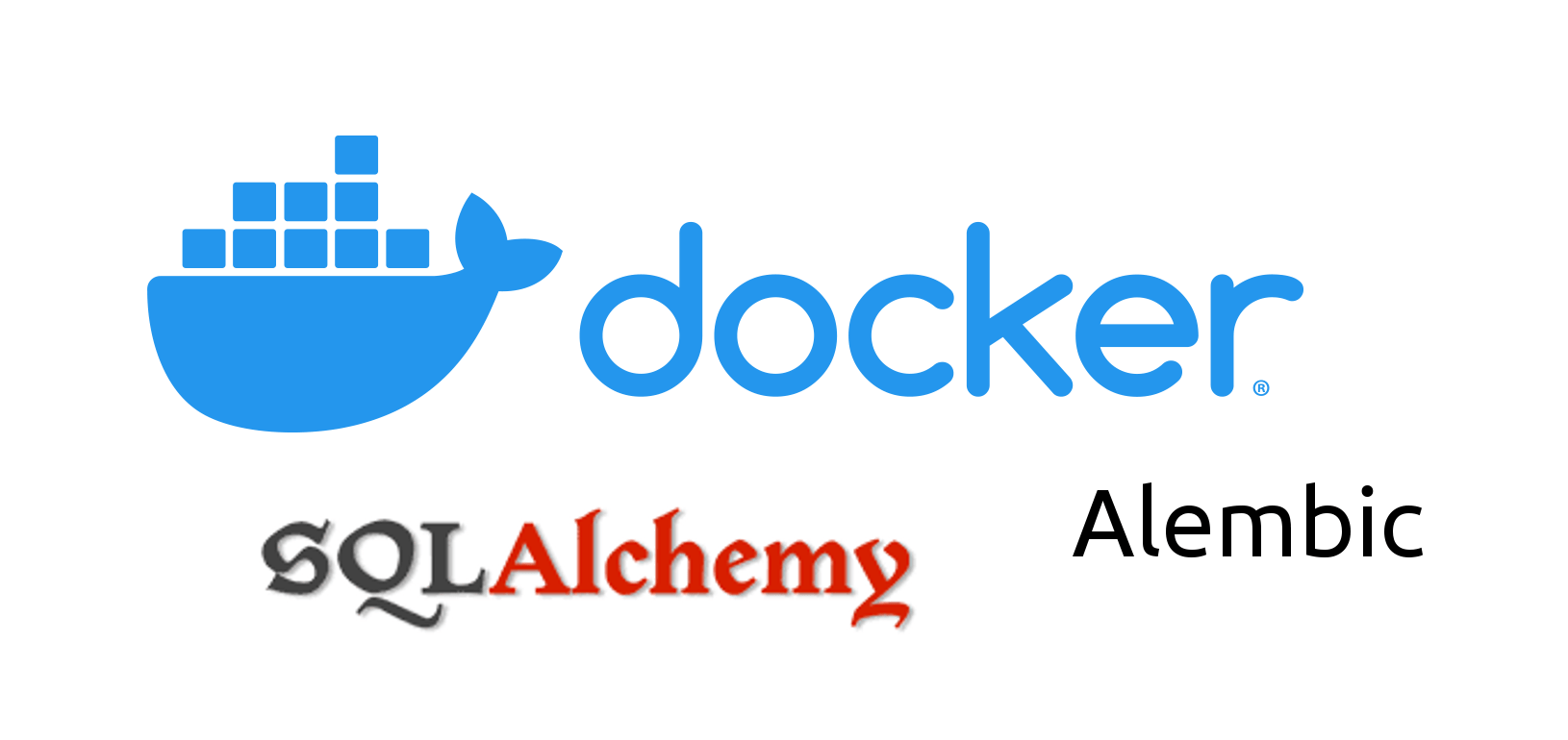 The logos of Docker, SQLAlchemy, and Alembic